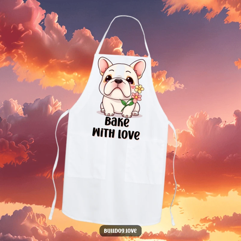 Kawaii bulldog flower apron showing a cute dog with a gentle smile, offering a flower.