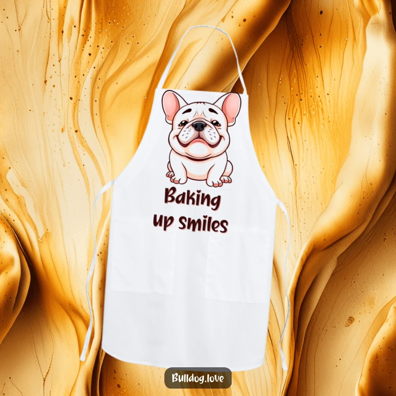 Funny Kawaii bulldog apron featuring a happy dog with a goofy grin and floppy ears bouncing, perfect for baking and cooking fun.