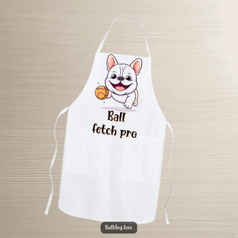Funny kawaii bulldog apron featuring a smiling dog chasing a bouncing ball, perfect for kitchen fun and messy cooking.