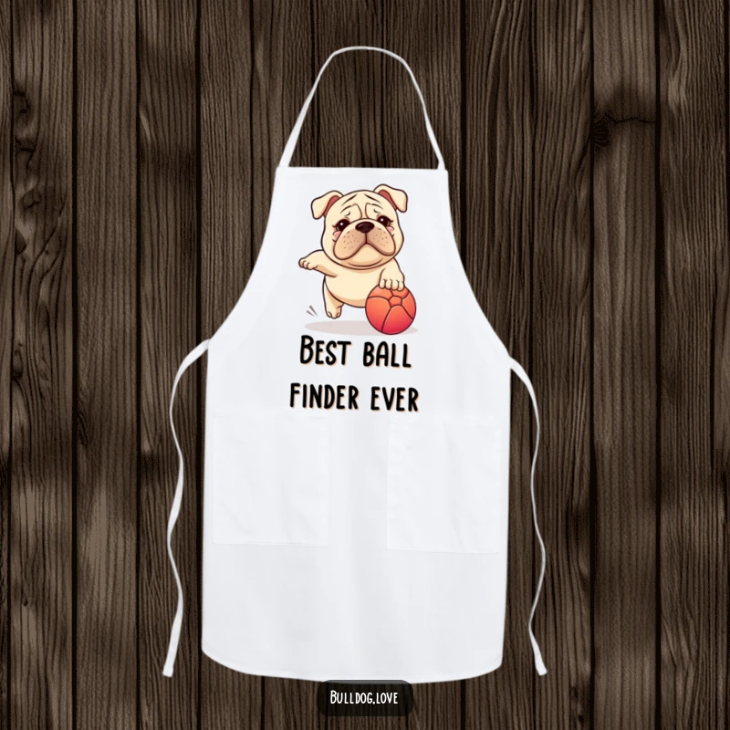 Funny Stocky Dog Apron: Wrinkled face stocky dog in comical action, chasing a bright ball during a funny kitchen moment.