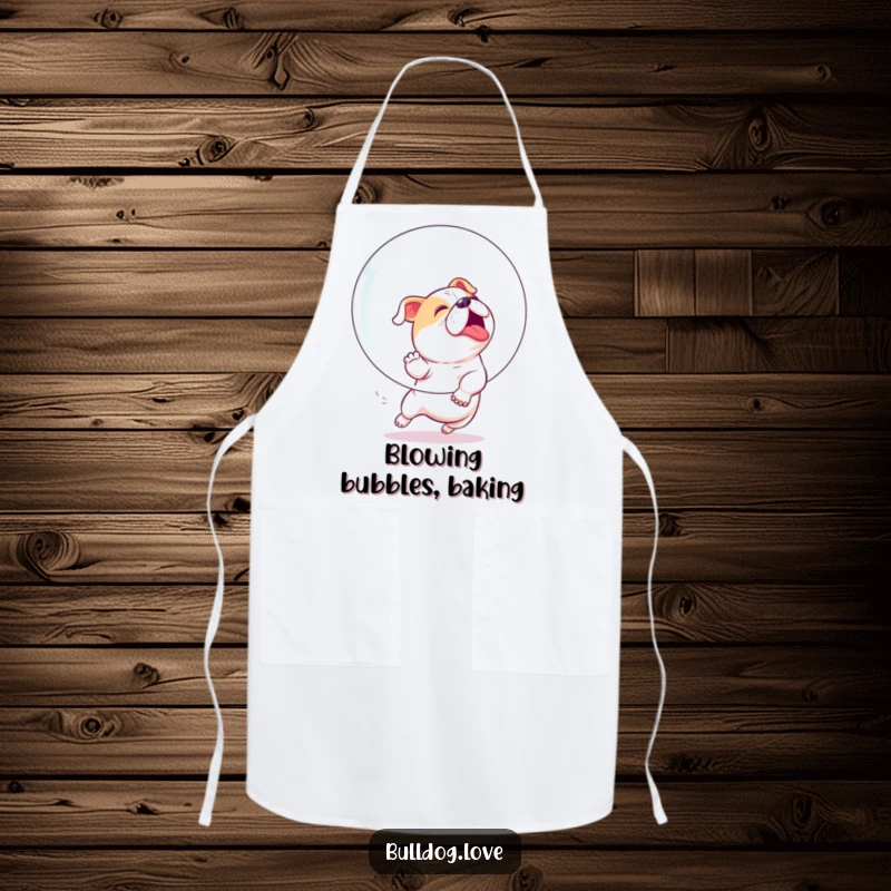 Funny apron featuring a bulldog joyfully and playfully chasing a giant bubble with infectious enthusiasm.