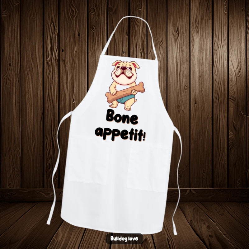 Funny apron showcasing a beaming bulldog proudly holding a comically large, chewed bone, ready to supervise kitchen activities with pure joy.