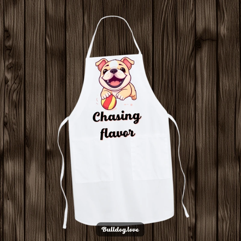 Funny bulldog pup apron featuring a dog with an enormous grin, ready to play fetch with a bouncy ball.