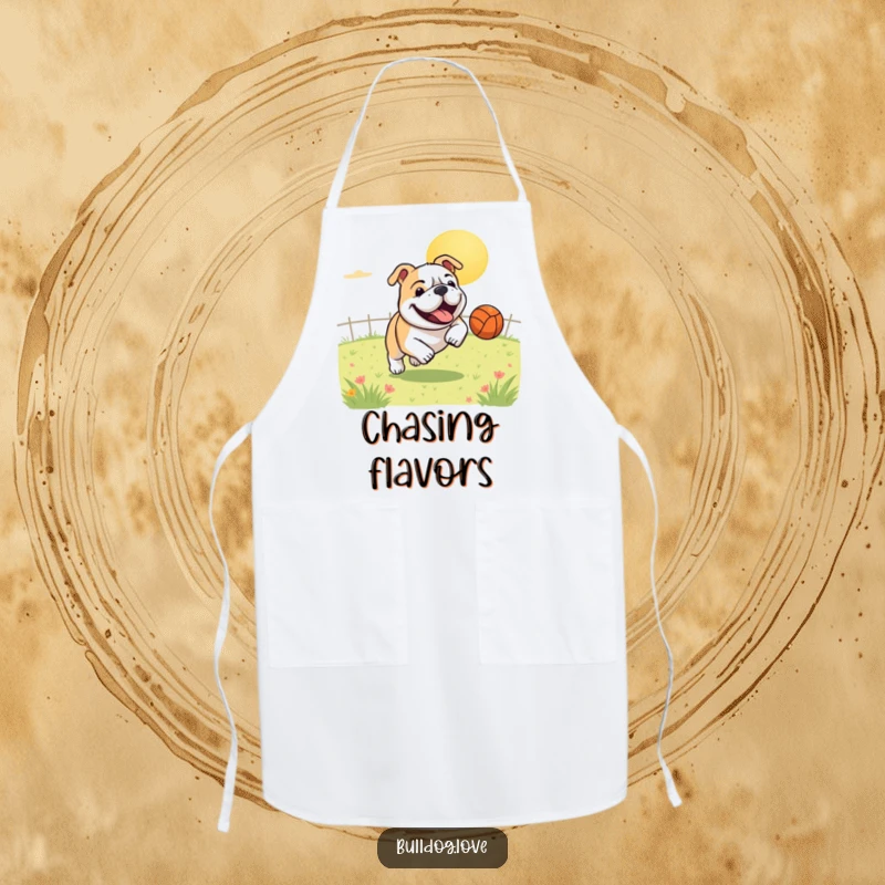 Funny apron showing a gleeful bulldog in mid-stride, joyfully chasing a bouncing ball across a sunny field, ready to add fun to cooking.