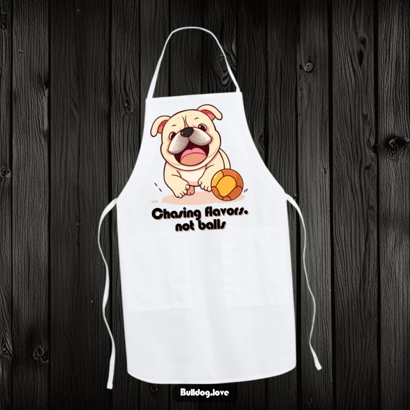 Funny bulldog energetically chasing a bouncing ball, printed on a practical apron for humorous and fun cooking sessions.