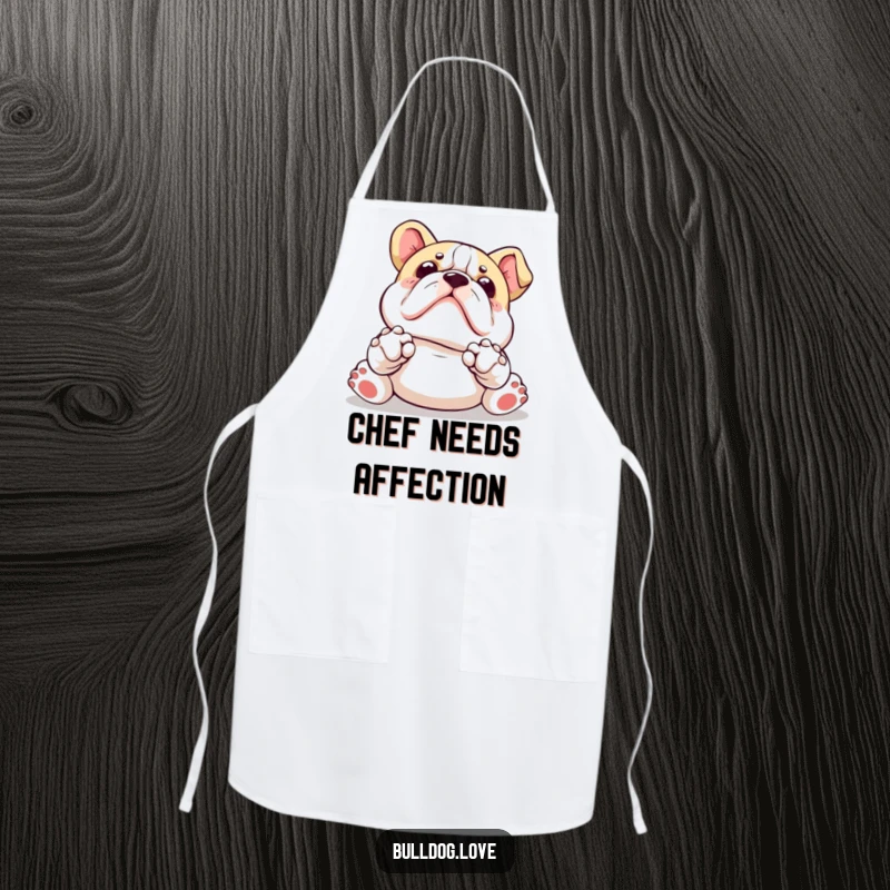 Funny Kawaii bulldog apron featuring a dog with paws up, adorably asking for a belly rub, perfect for kitchen fun.