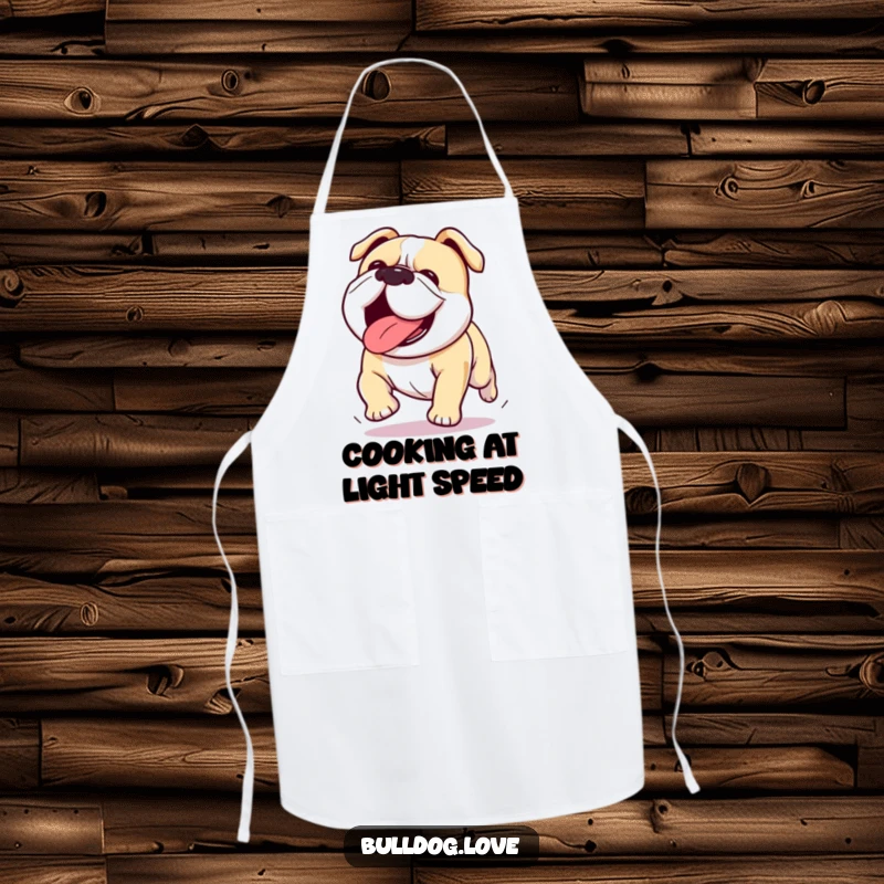 Funny Kawaii bulldog apron featuring a dog running with its tongue out, perfect for adding fun while cooking or baking.
