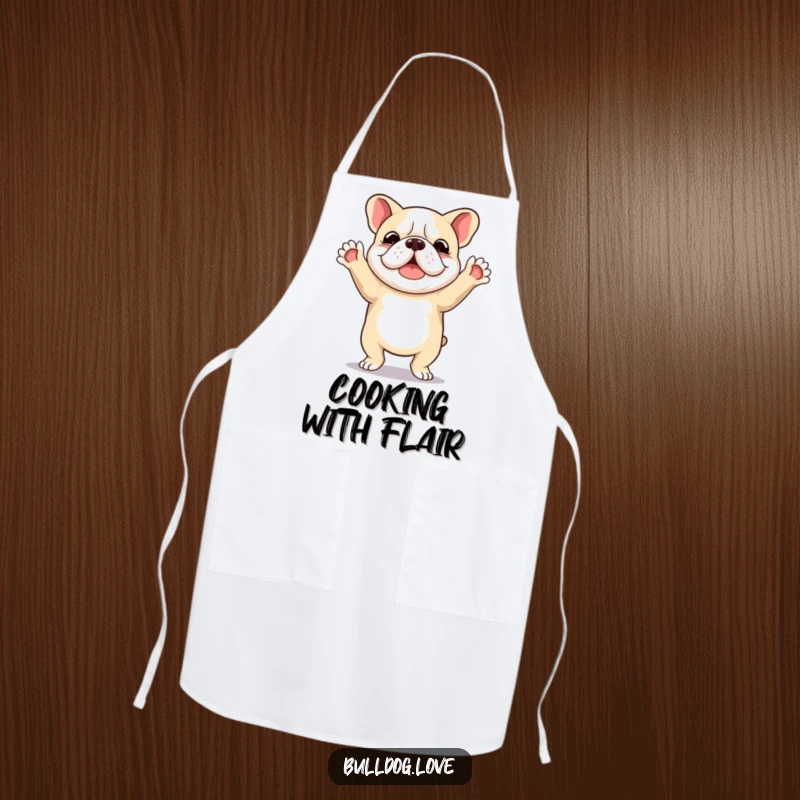 Funny apron featuring a happy bulldog in a lively dance, paws high in the air, ready to add fun to any task.