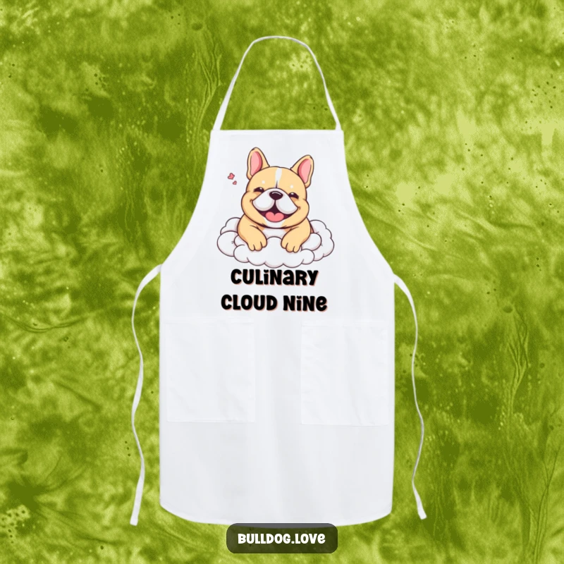 Funny Apron: A cute bulldog is depicted nestled in soft clouds, letting out a happy, relaxed sigh.