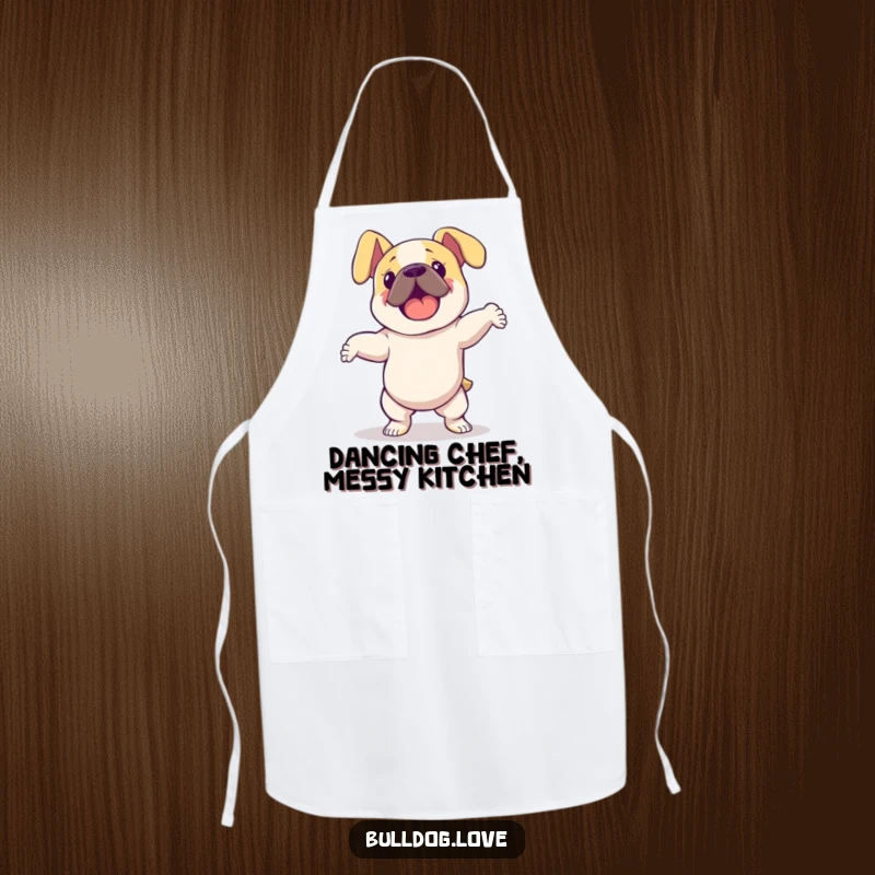 Funny bulldog with floppy ears dancing energetically, printed on a practical apron for humorous and spirited cooking sessions.