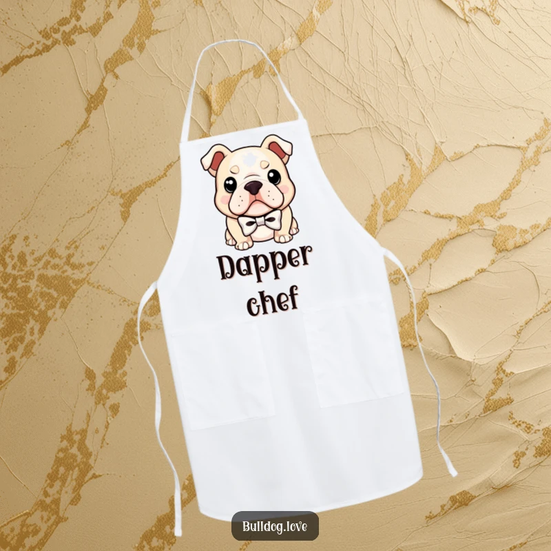 Funny apron showing a bulldog wearing a small bowtie, with a confident smirk, ready to add dapper flair to any kitchen task.