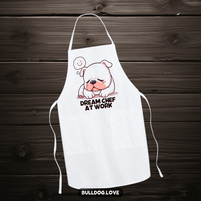 Funny apron featuring a sleepy bulldog softly snoring with a happy dream bubble, ready to bring humorous calm to the kitchen.