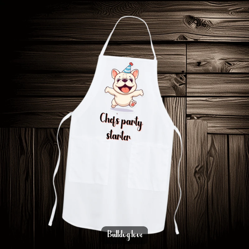 Funny party bulldog apron, durable and cute, featuring a jumping dog wearing a small party hat.