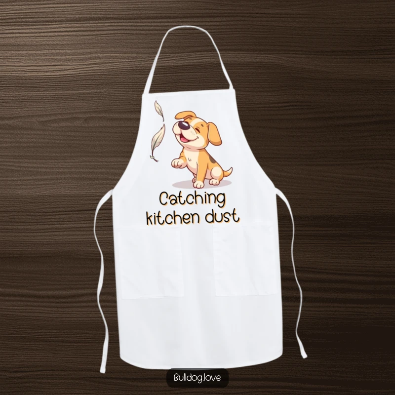 Funny Broad Snout Dog Apron: Dog with a broad snout in a funny, focused pose trying to catch a floating feather.