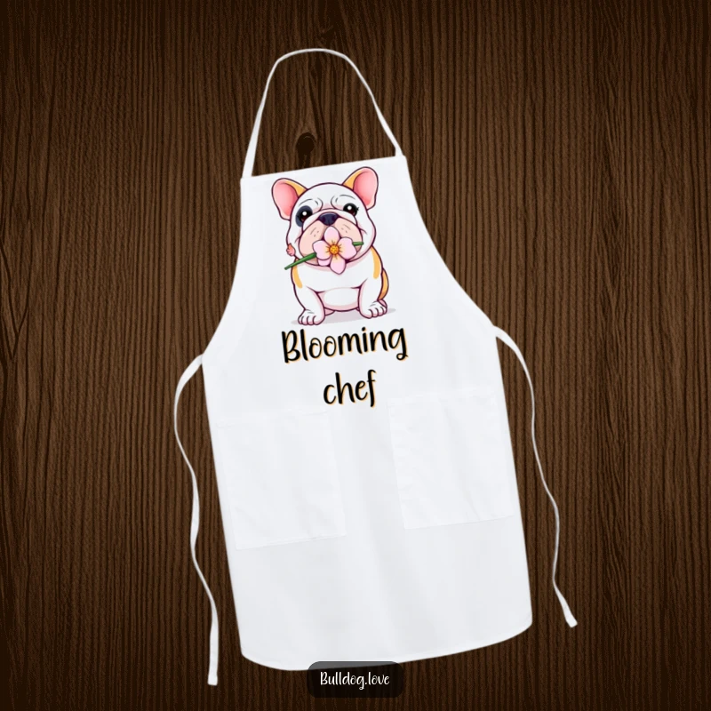 Funny Bulldog Apron: A proud bulldog holds a flower in its mouth, looking sweet and ready to help in the kitchen.
