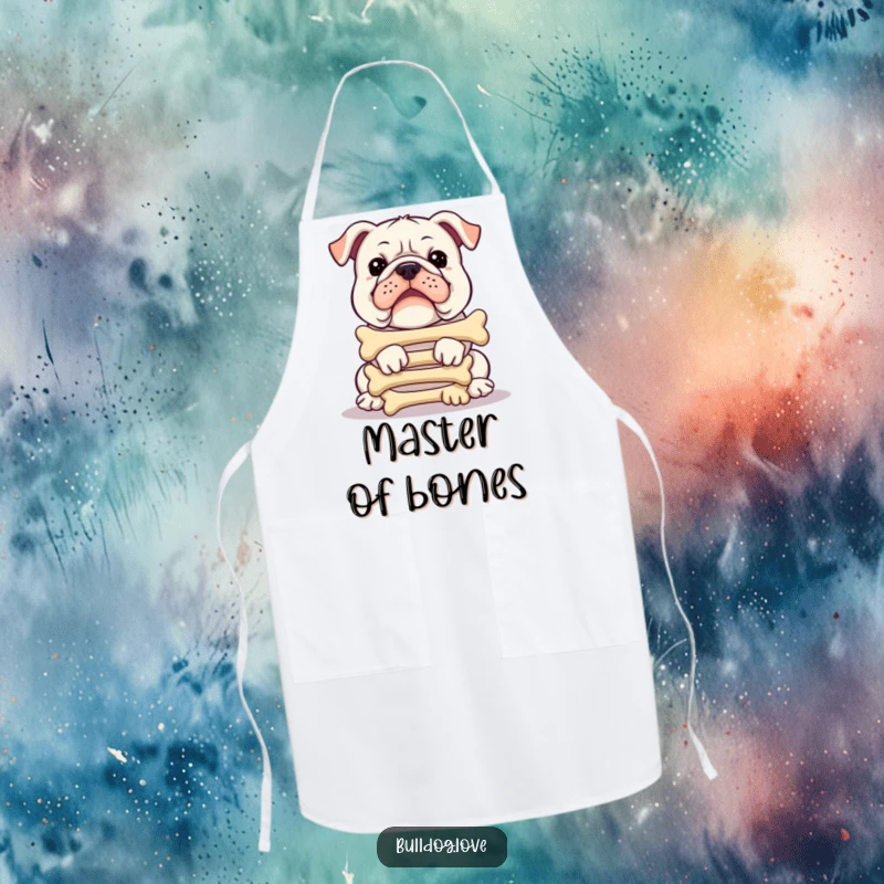 Funny bulldog apron, expertly balancing a stack of bones while cooking, exuding comical focus, ideal for kitchen fun.