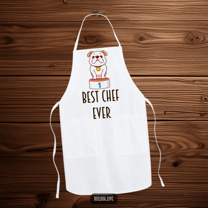 Funny apron featuring a proud bulldog with a medal, standing on a podium, ready to bring humorous flair to the kitchen.