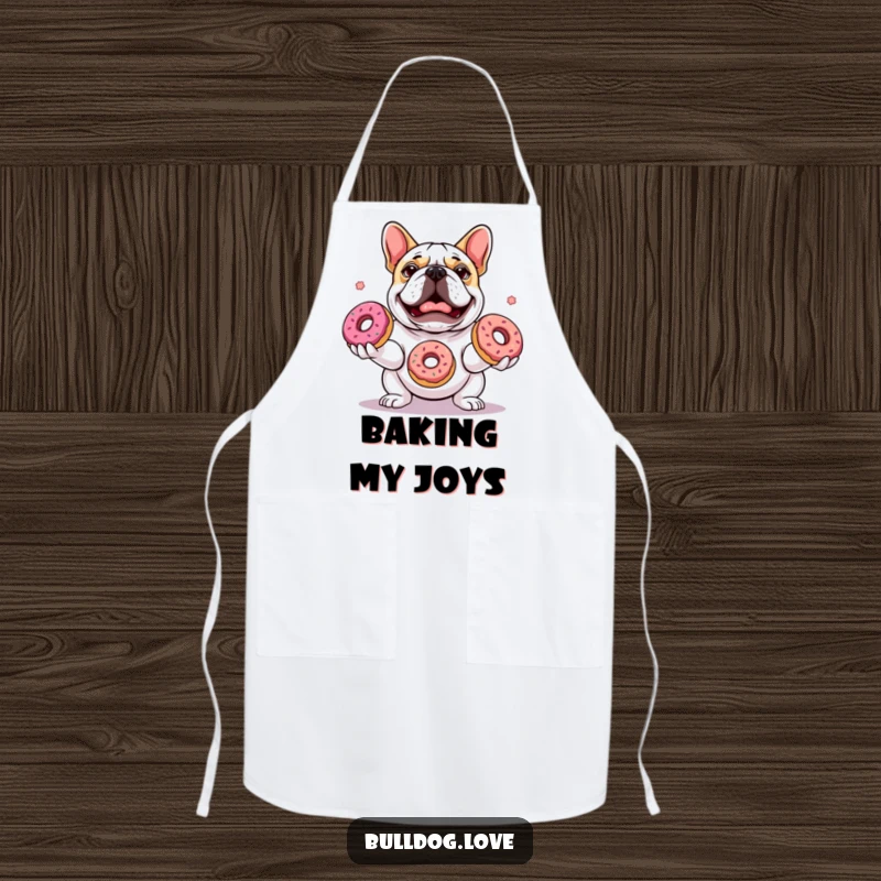 Funny apron depicting a concentrated bulldog expertly juggling three delicious donuts with a look of focused, happy delight.