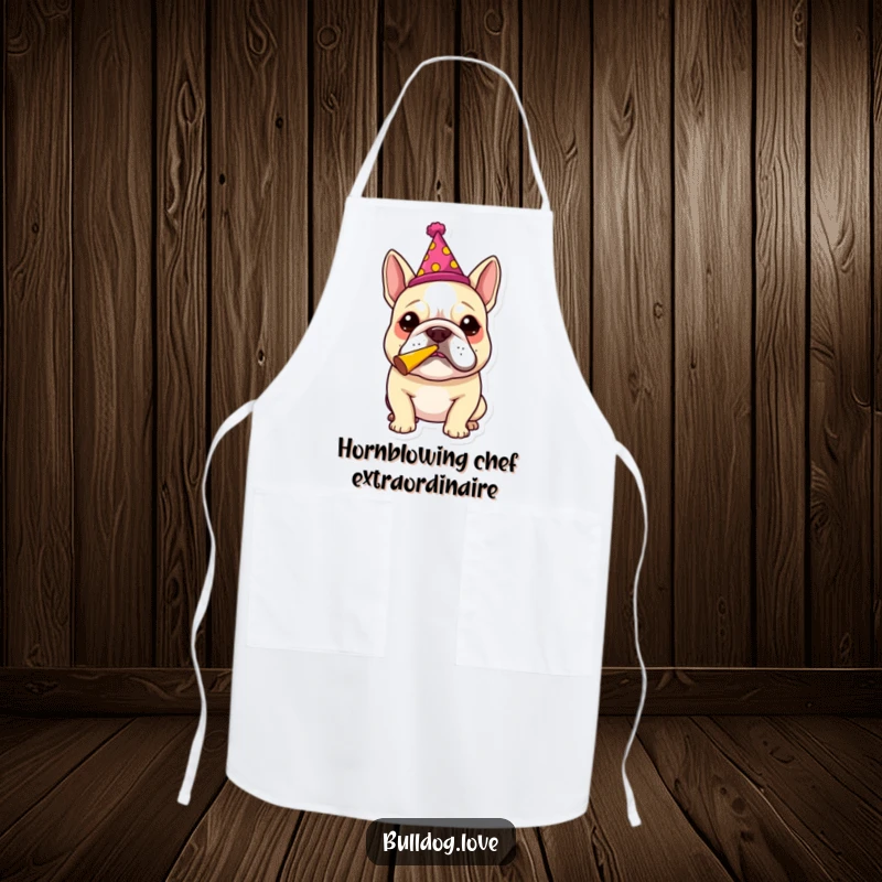 Funny bulldog wearing a party hat, blowing a party horn, printed on a practical apron for humorous cooking sessions.