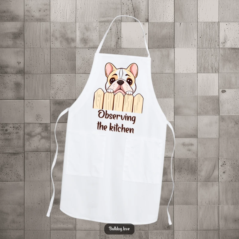 Funny bulldog peeking apron showing a dog peeking over a fence with curious eyes.