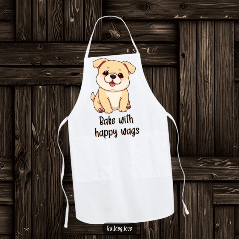 Funny Chubby Dog Apron: Chubby dog with big ears wagging its entire body in a funny, enthusiastic kitchen scene.