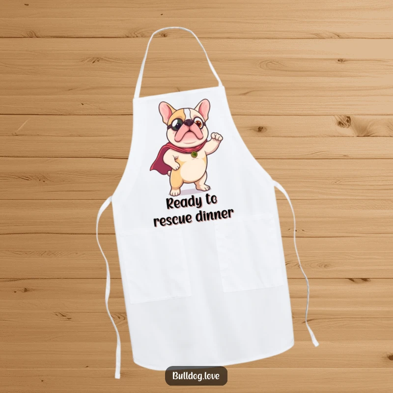 Funny Apron: A cute bulldog wears a tiny superhero cape and strikes a heroic pose, ready to save the kitchen.