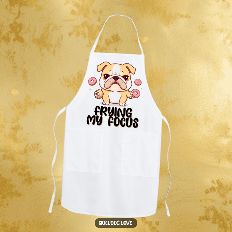 Funny bulldog apron depicting a stressed bulldog with a furrowed brow juggling donuts, designed for hilarious kitchen adventures.