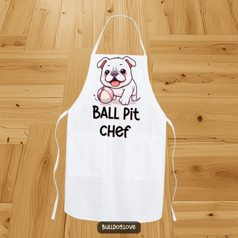 Funny Kawaii Bulldog Apron depicting a dog chasing a bouncing ball, adding a touch of humor and playfulness to kitchen wear.