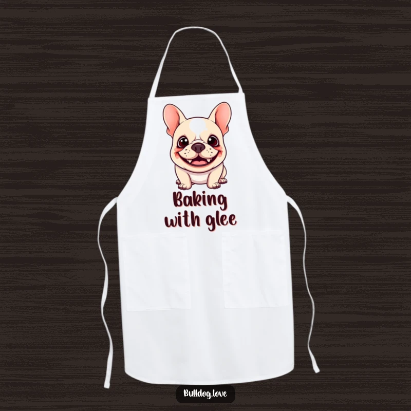 Funny Kawaii Bulldog Apron with a happy dog sporting a goofy grin and floppy ears bouncing, ideal for adding humor to cooking sessions.