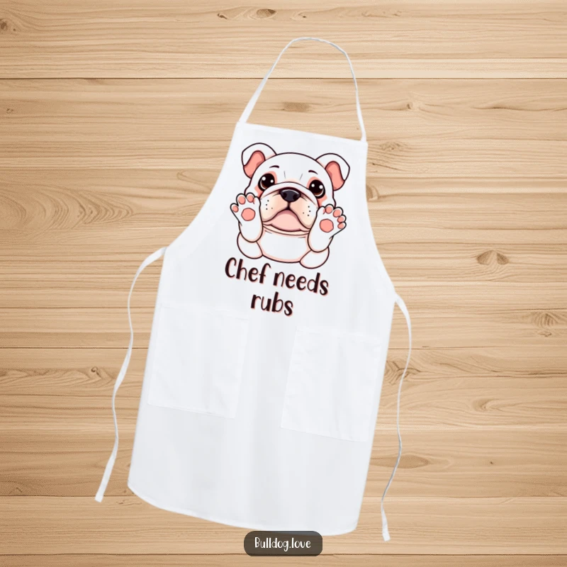 Funny Kawaii Bulldog Apron depicting a dog with paws up, asking for a belly rub, adding a touch of humor to kitchen wear.