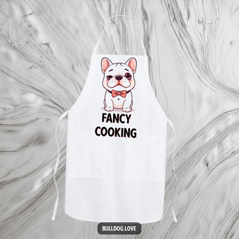 Funny apron depicting a cute kawaii bulldog with a silly expression and a smart bow tie, ready for culinary fun.