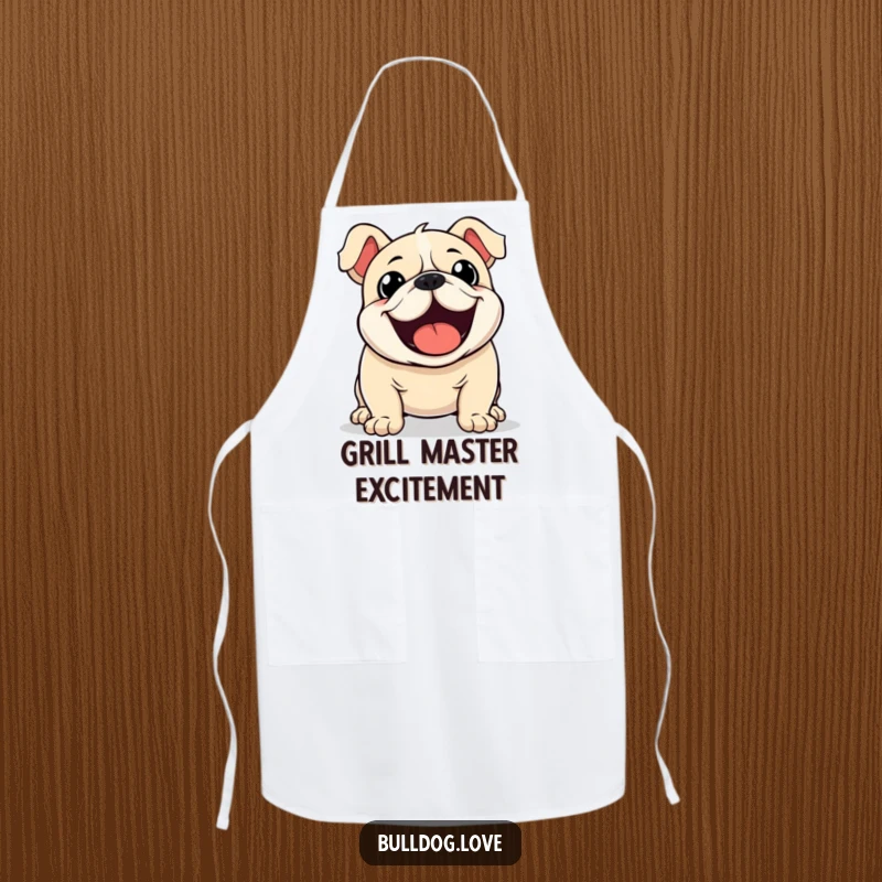 Funny Kawaii Bulldog Apron featuring a dog with a furiously wagging tail, ready to bring excitement to cooking.