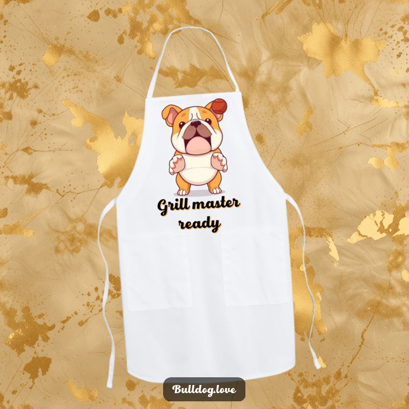 Funny bulldog apron, durable fabric, featuring a dog with paws ready to catch a ball.