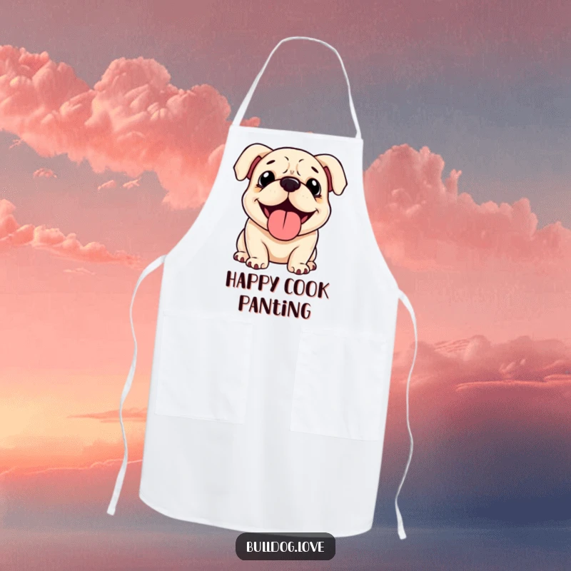 Funny Bulldog Apron: A happy bulldog with floppy ears, panting contentedly, ready for kitchen fun. Great funny gift.