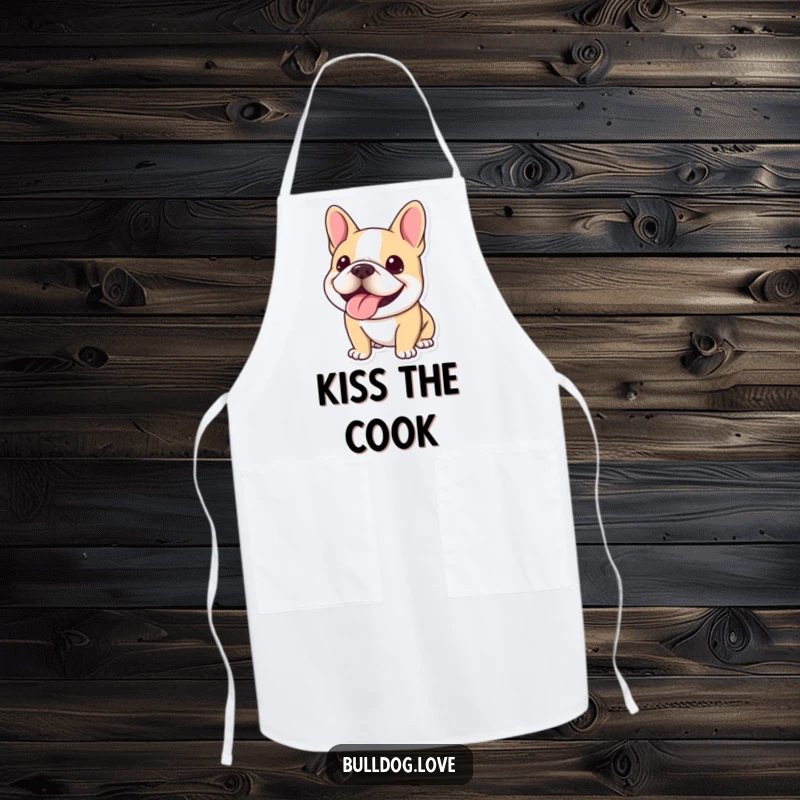 Funny Kawaii Bulldog Apron featuring a dog with a huge, happy panting smile, ready to make cooking fun.