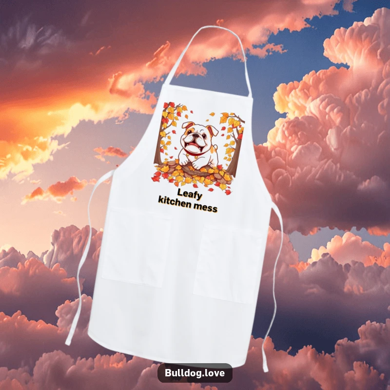 Funny bulldog apron showing a dog playfully pouncing on autumn leaves, ready for festive kitchen adventures.