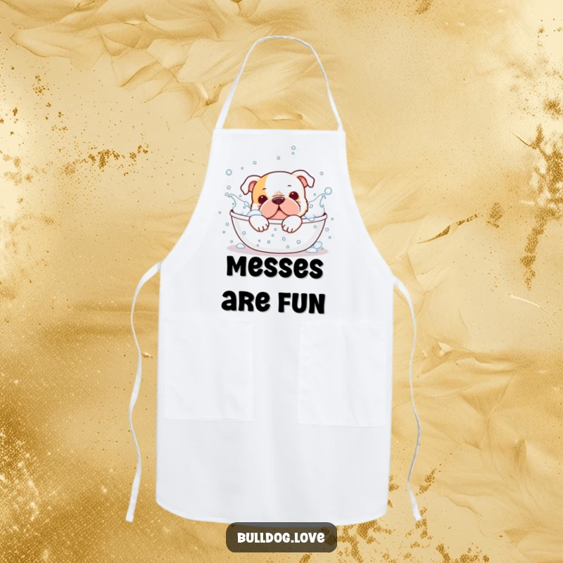 Funny bulldog apron, splashing happily in a bubbly bath, staying clean and cheerful, ideal for kitchen use.