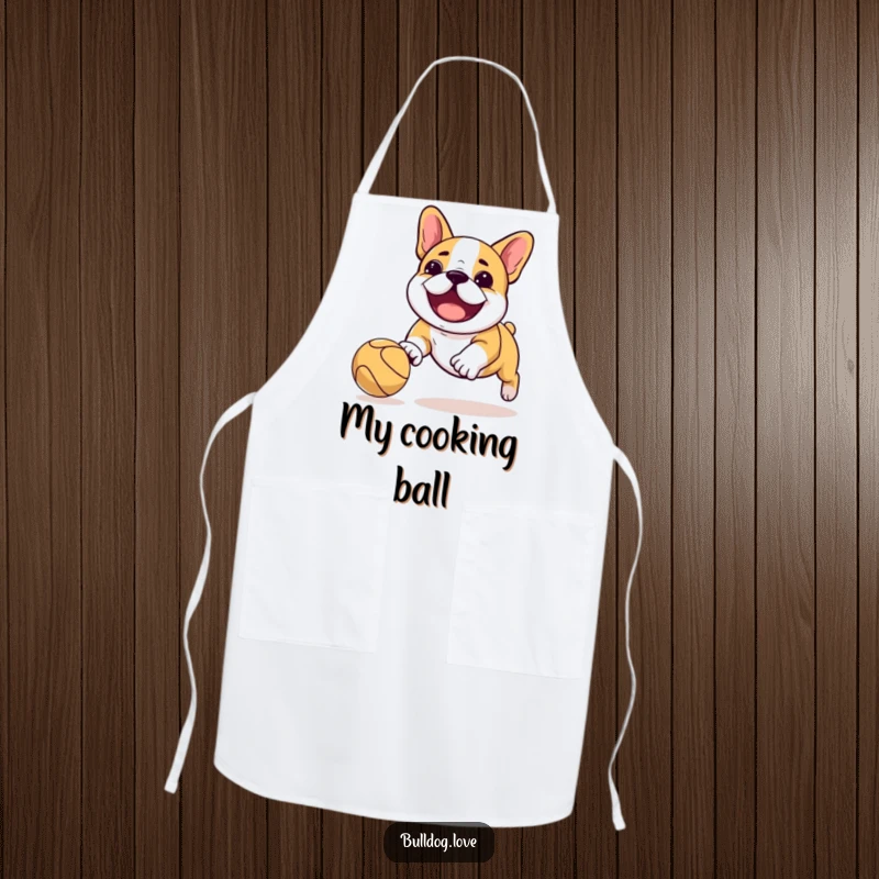 Funny Kawaii bulldog apron featuring a dog playfully chasing a bouncing ball, perfect for adding fun while cooking.