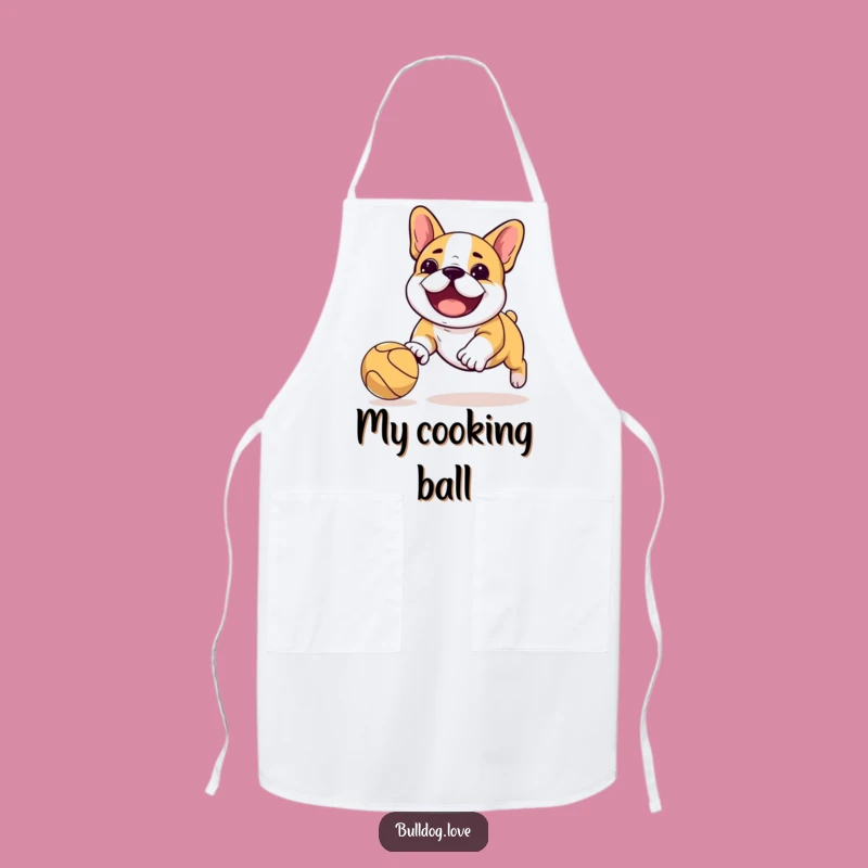 Funny Kawaii Bulldog Apron: Ball Chase Playful Kitchen Gift