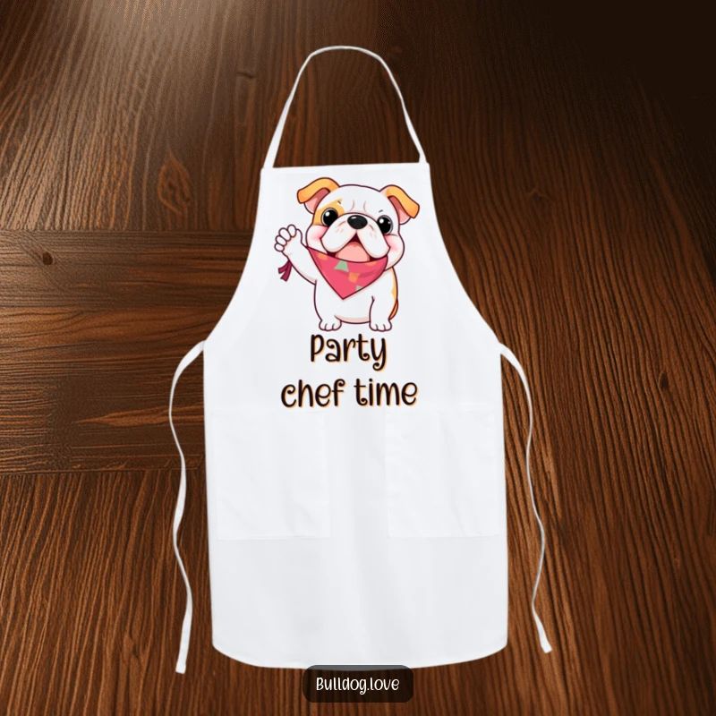 Funny bulldog apron, waving a colorful bandana enthusiastically, exuding friendly charm, ideal for cooking.
