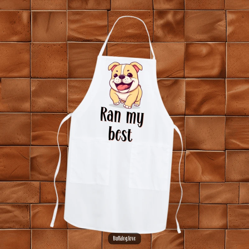 Funny bulldog apron with expressive, panting jowls, ideal for kitchen duty for those who love to run.