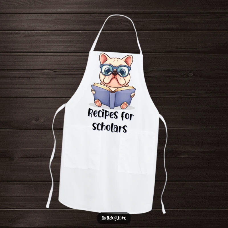 Funny bulldog apron depicting a bulldog in oversized glasses reading a large book, perfect for culinary endeavors with a scholarly twist.