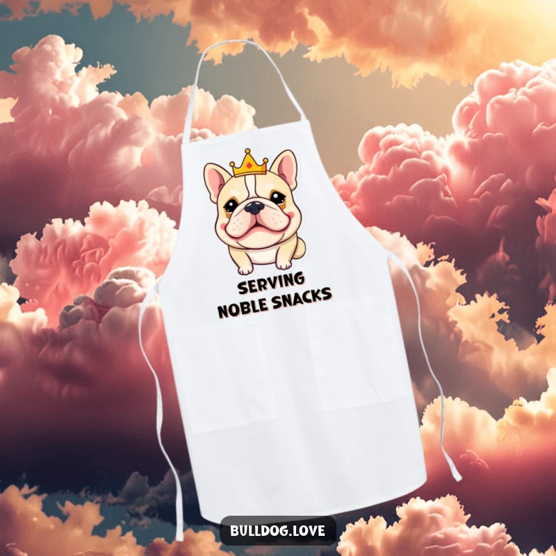 Funny bulldog apron featuring a goofy-grinning bulldog wearing a small crown, designed for kitchen fun and regal culinary flair.