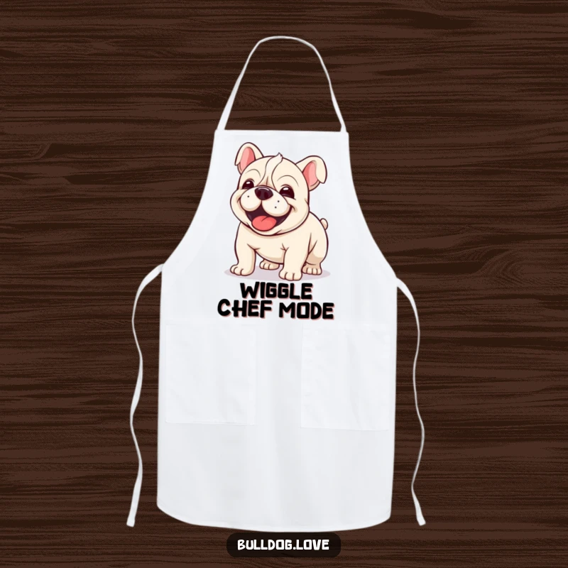Funny Kawaii Bulldog Apron featuring a dog in a joyful wiggle, perfect for adding fun to cooking.