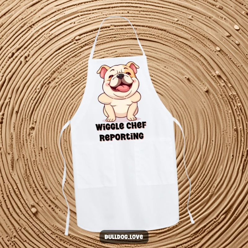 Funny bulldog apron depicting a dog wiggling its body with hilarious excitement, ready for kitchen adventures.