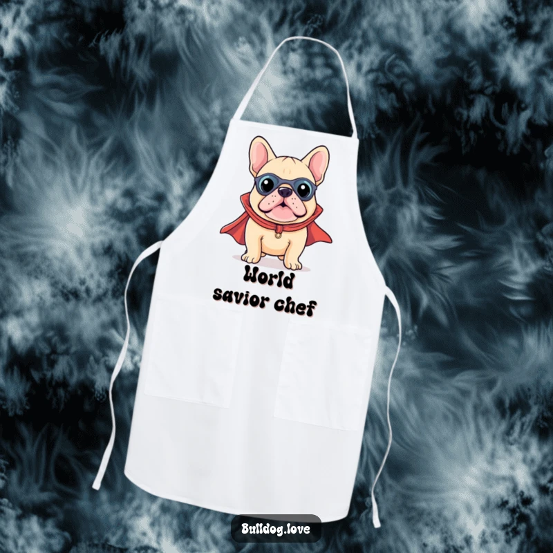 Funny Kawaii Bulldog Superhero Apron depicting a dog in a cape, ready to conquer the kitchen with style and humor.