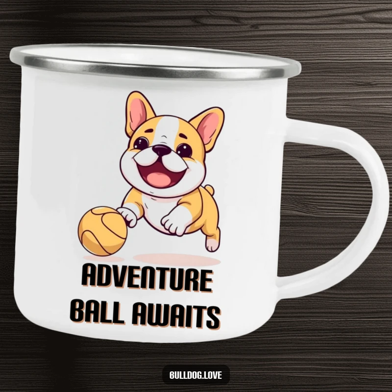 Funny Kawaii bulldog camping mug featuring a dog playfully chasing a bouncing ball, perfect for enjoying drinks outdoors.