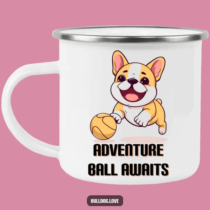 Funny Kawaii Bulldog Camping Mug: Ball Chase Playful Adventure Gift