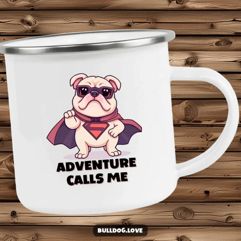 Funny bulldog camping mug featuring a bulldog in a superhero cape striking a heroic pose, designed for adventurous heroism.
