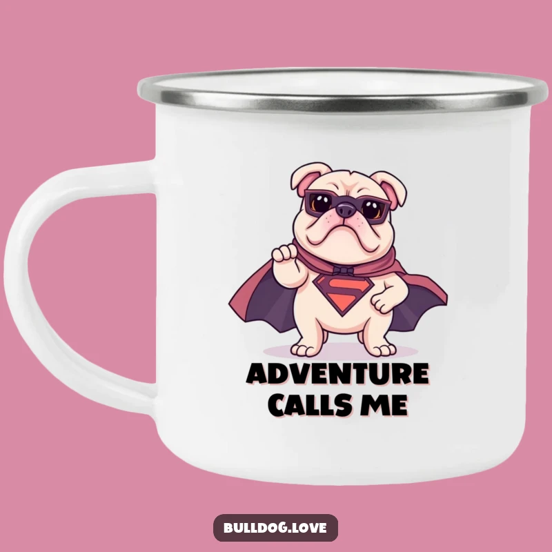 Funny Superhero Bulldog Camping Mug: Heroic Pose Outdoor Adventure, Hilarious Gift